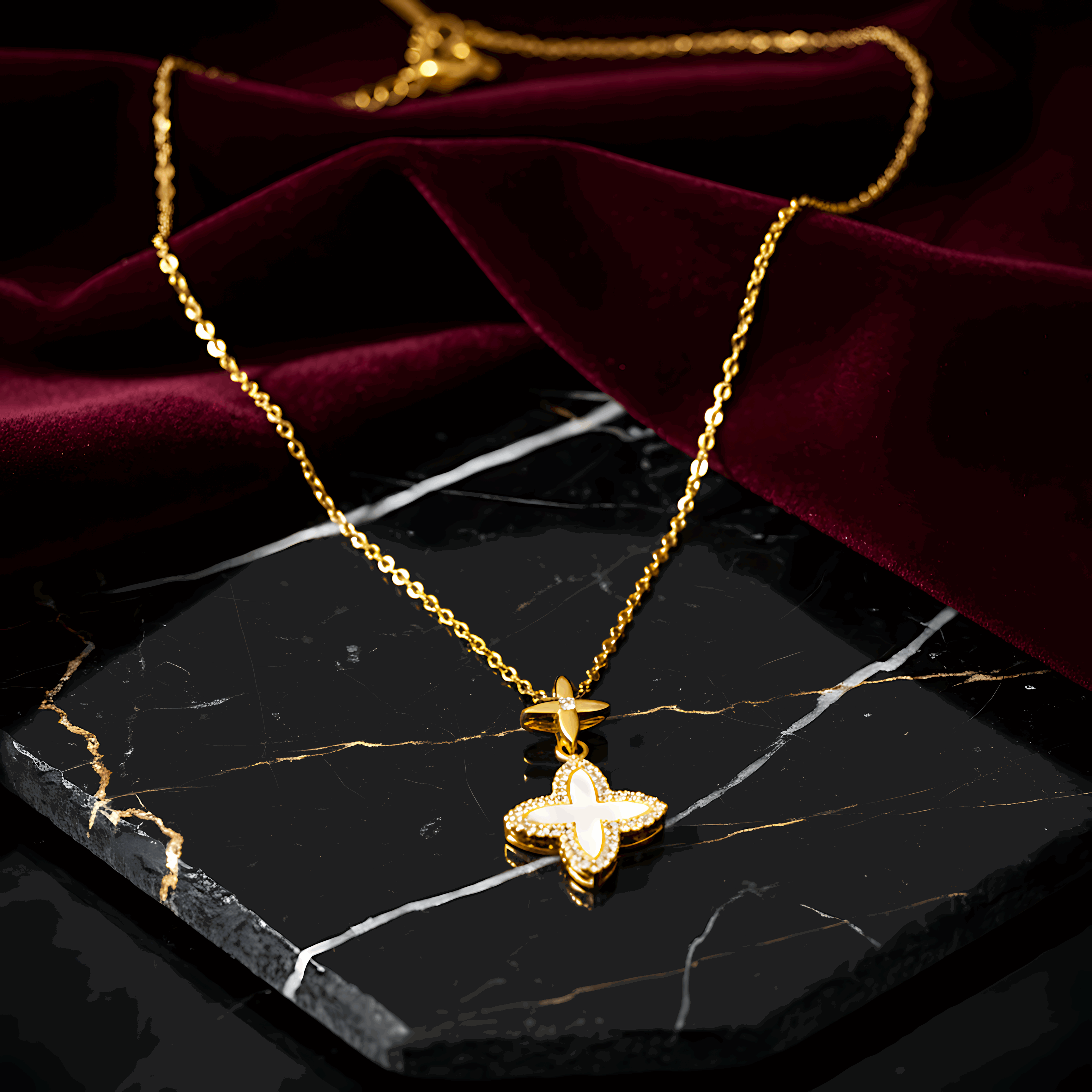 Clover Charm Necklace & Floral Crystal Ring Combo Set