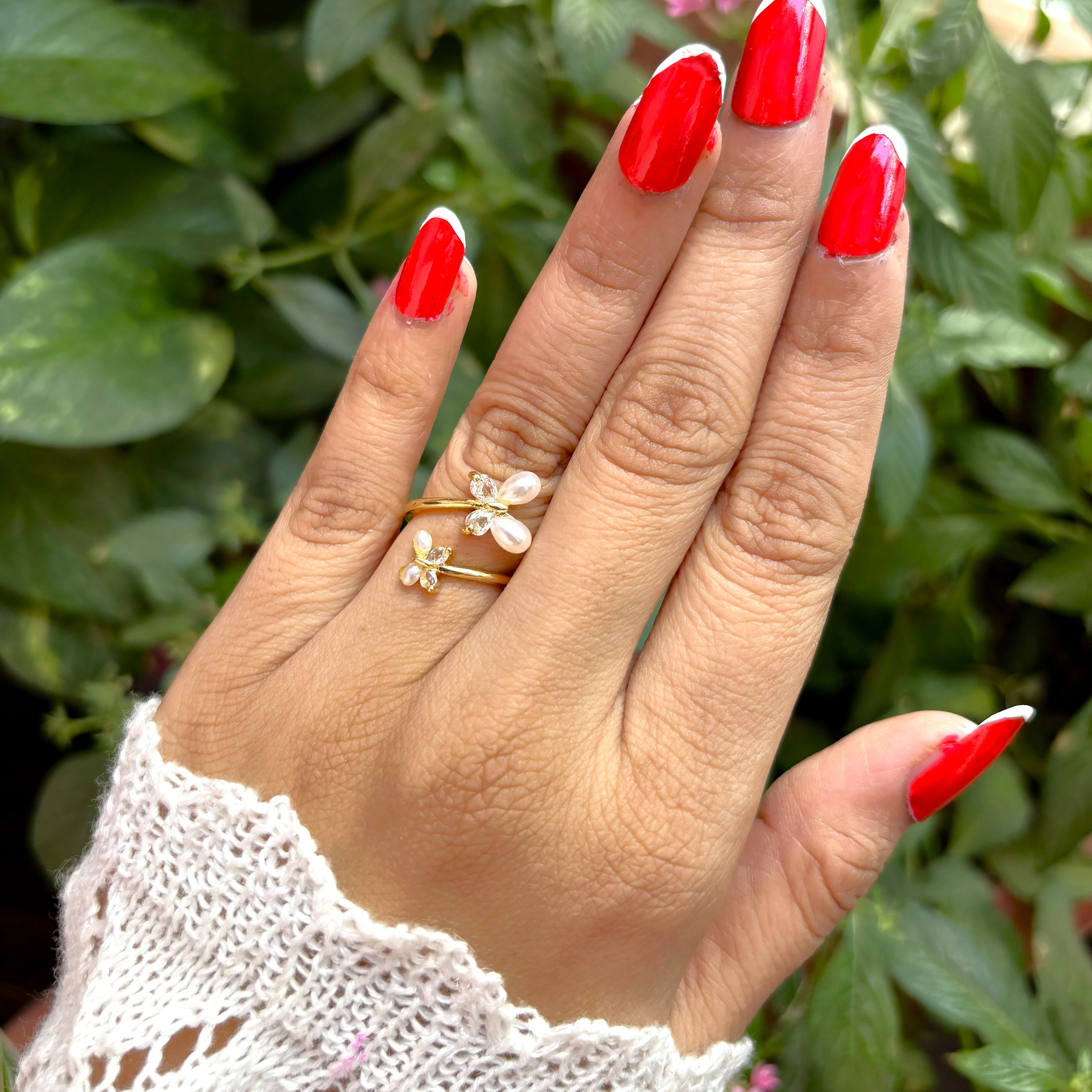 Dual Pearl & Crystal Butterfly Ring