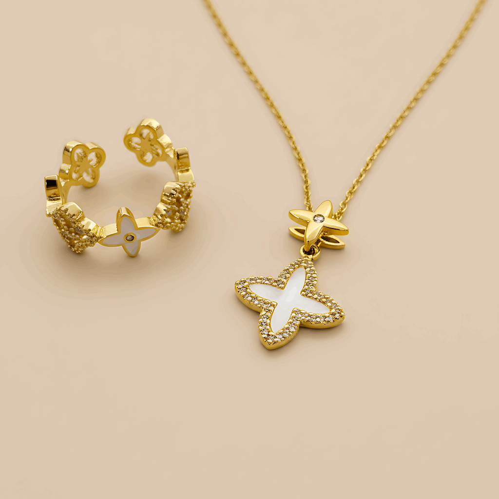 Clover Charm Necklace & Floral Crystal Ring Combo Set