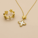 Clover Charm Necklace & Floral Crystal Ring Combo Set