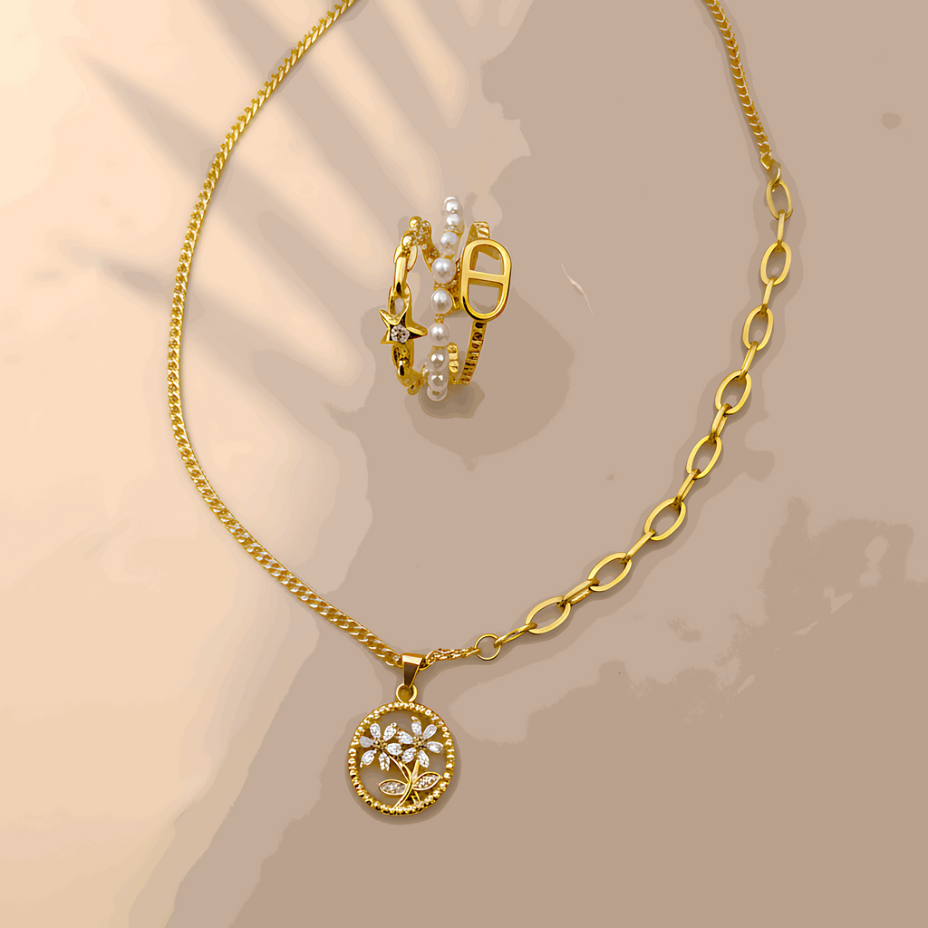 Blossom Pendant Necklace & Triple Layer Ring Combo Set