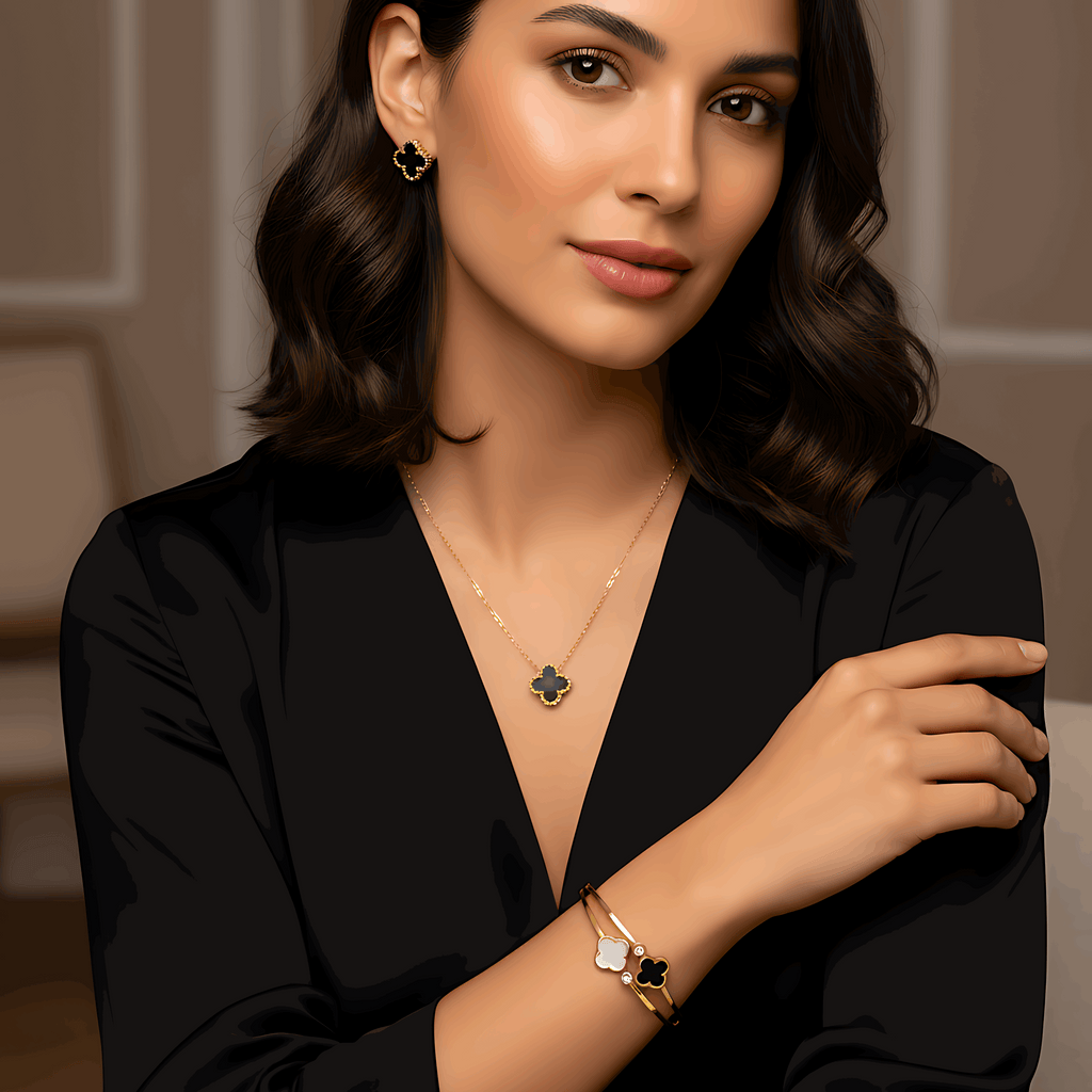 Clover Necklace & Earring Set With Clover Bracelet