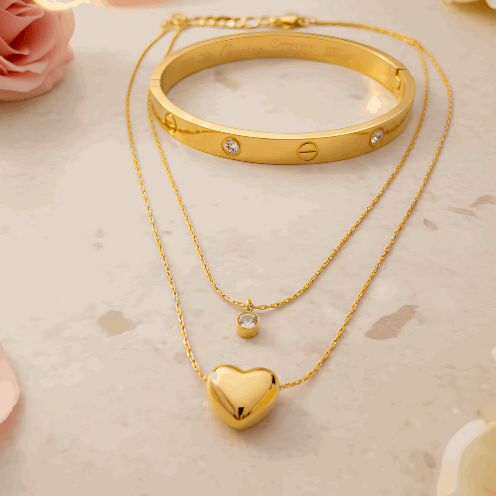 Layered Heart Necklace & Bracelet Combo Set