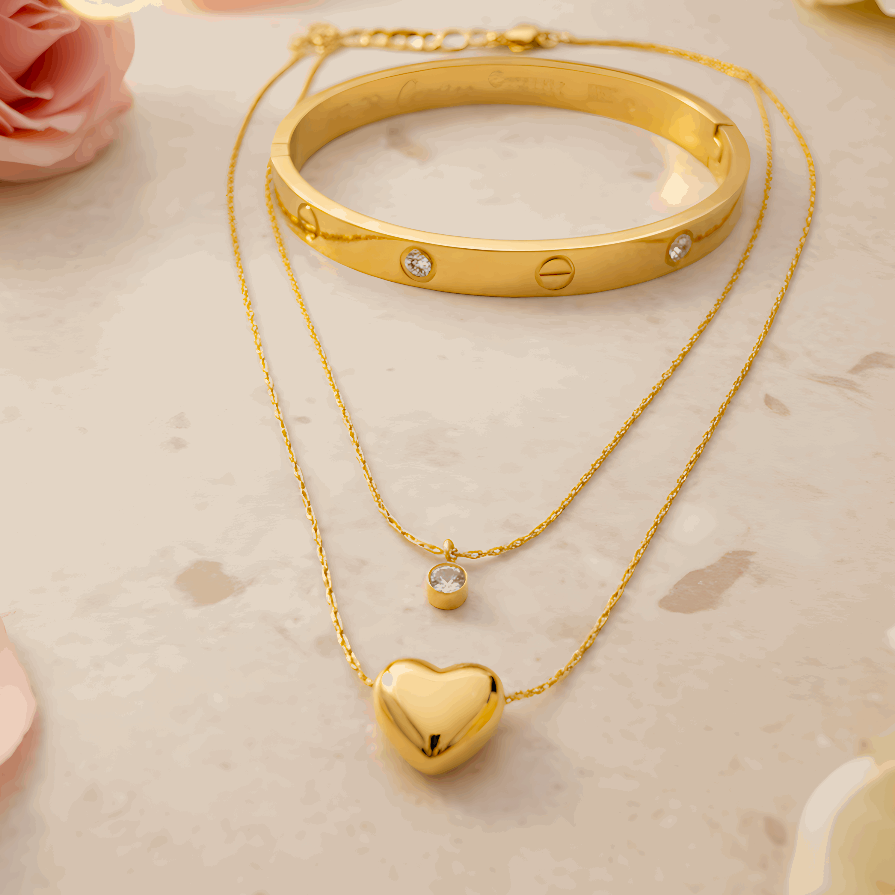 Layered Heart Necklace & Bracelet Combo Set