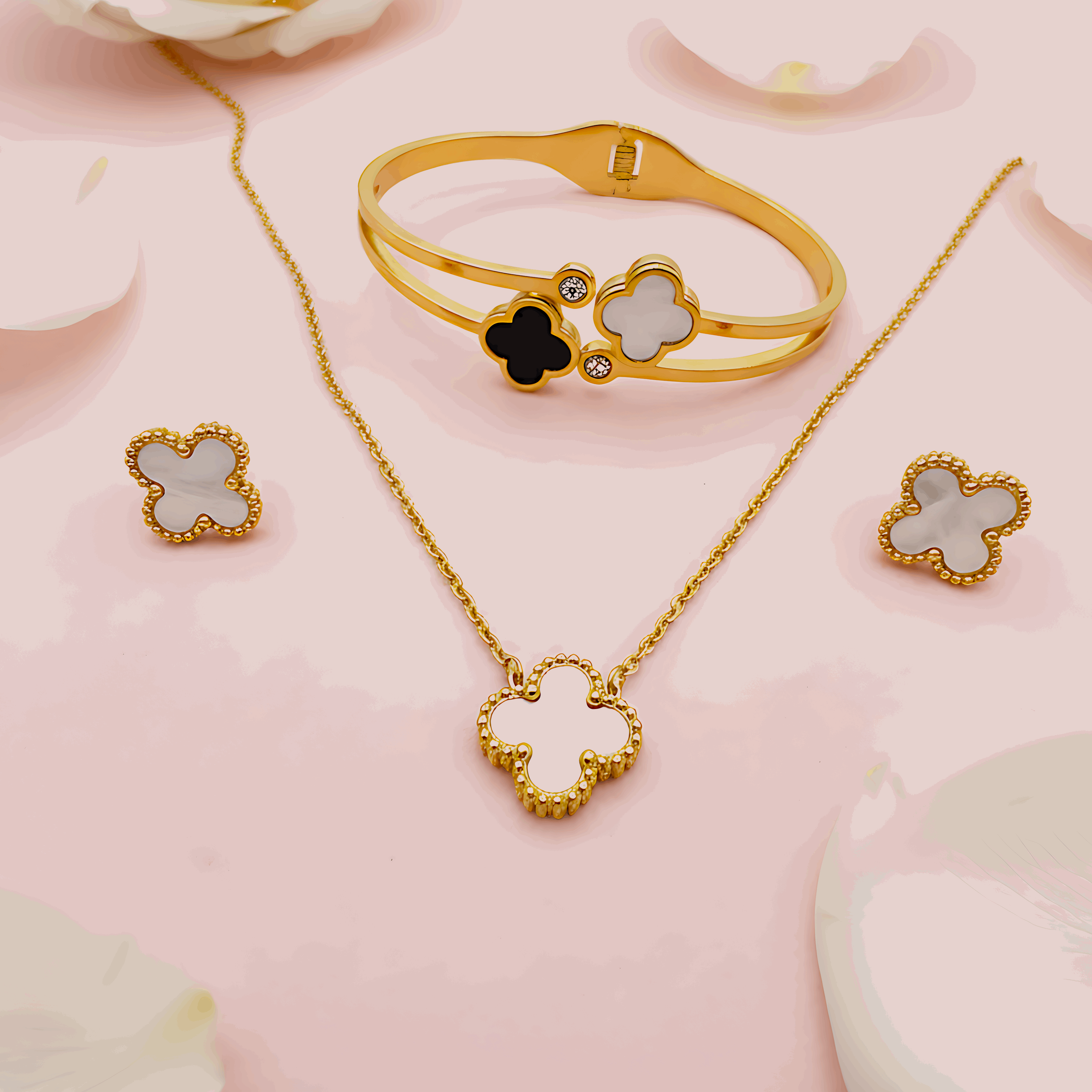 Clover Necklace & Earring Set With Clover Bracelet