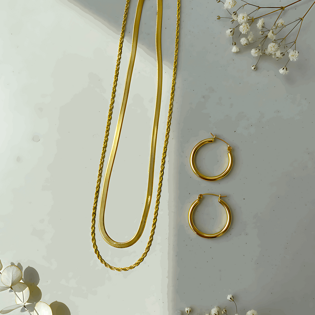 Double Layer Necklace & Hoop Earrings Combo Set