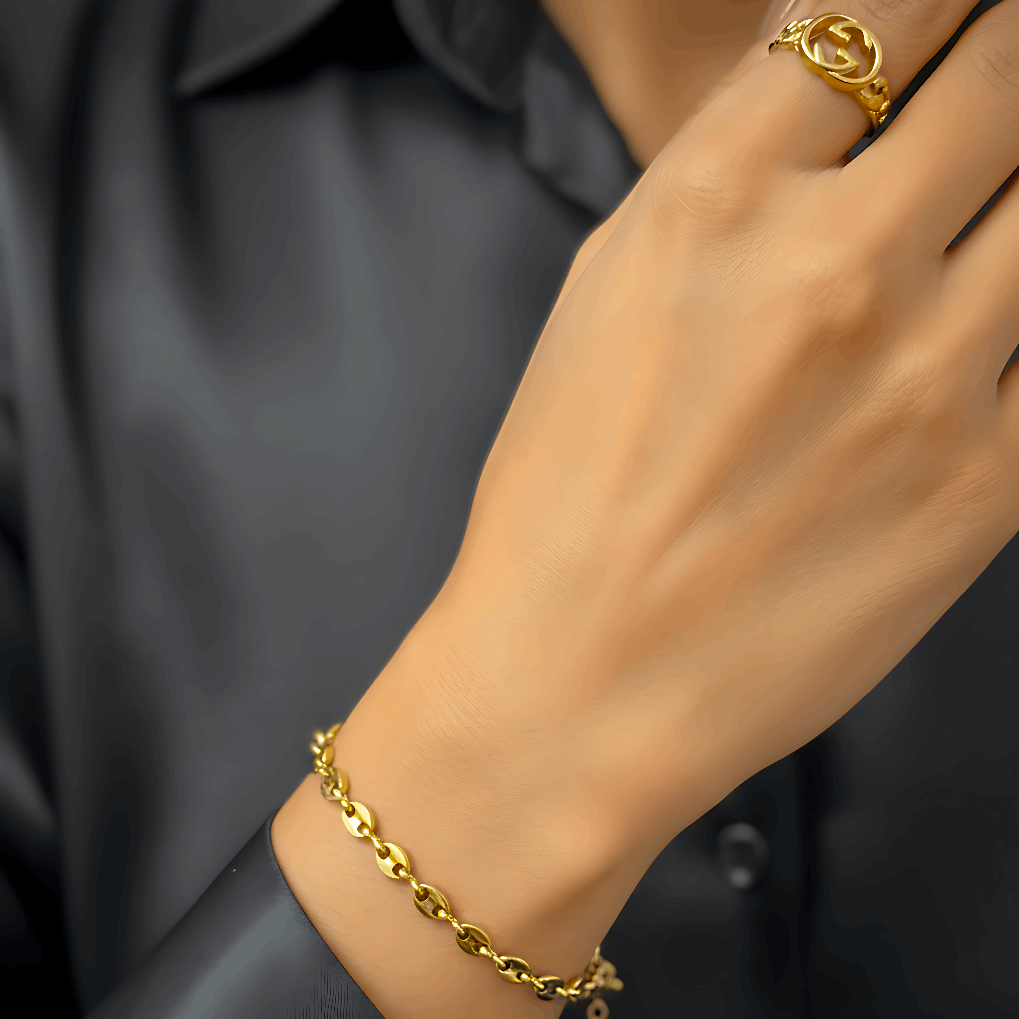 Golden Link Bracelet & Gucci Inspired Ring Combo Set
