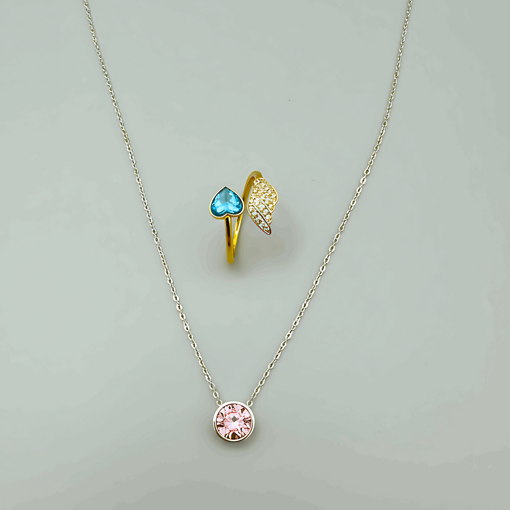 Solitaire Pendant & Blue Heart Ring Combo Set