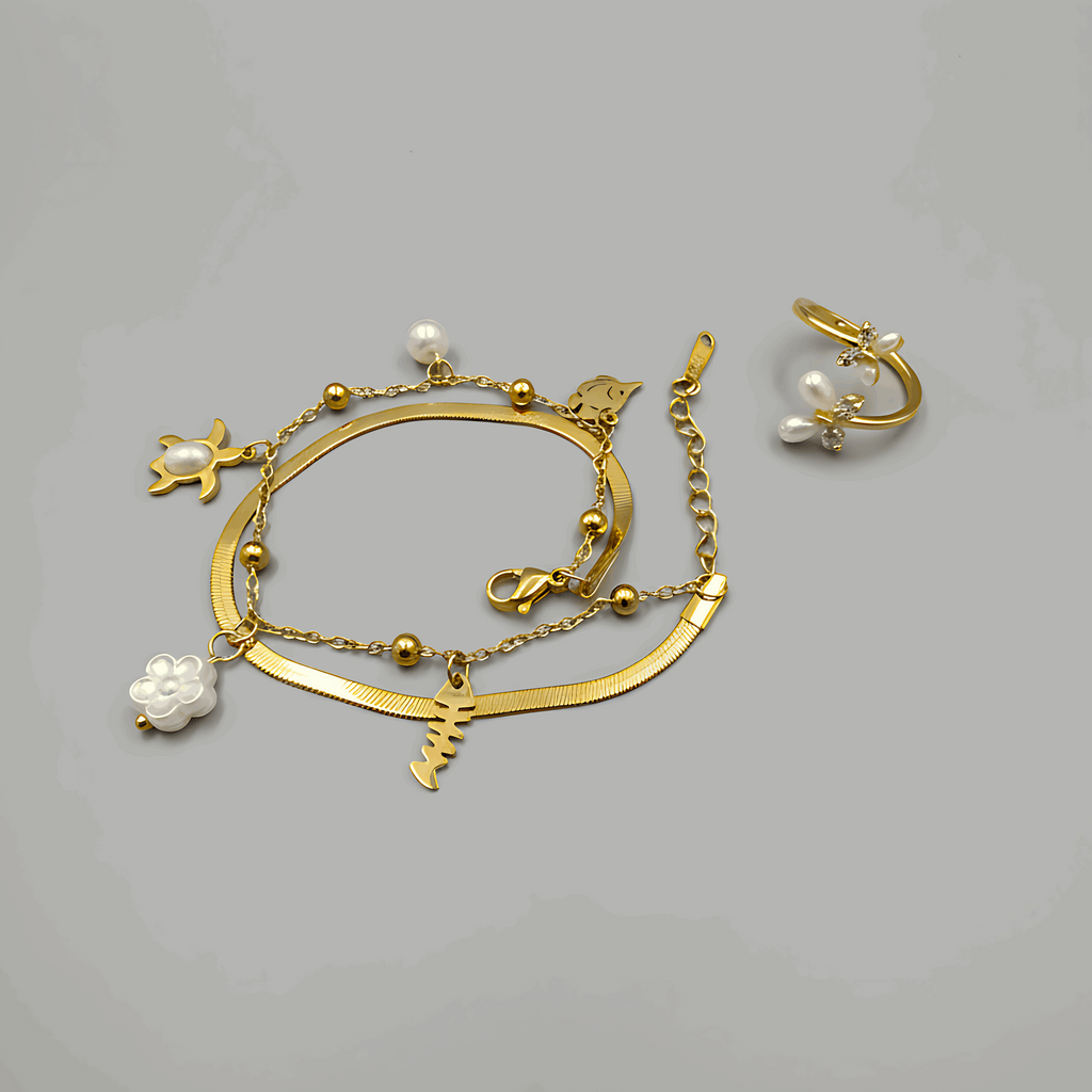 Butterfly Ring & Ocean Pearl Bracelet Combo Set