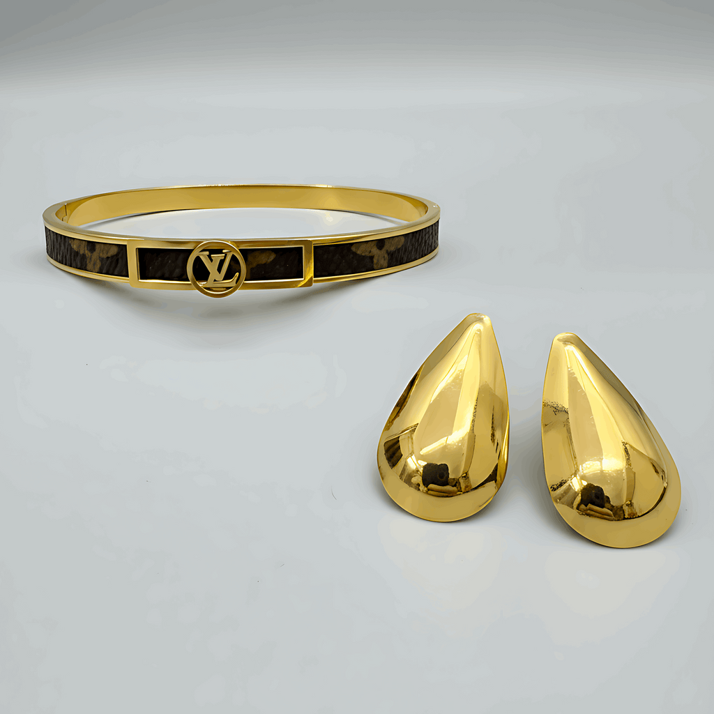 LV Style Gold Bracelet & Stud Earring Combo set