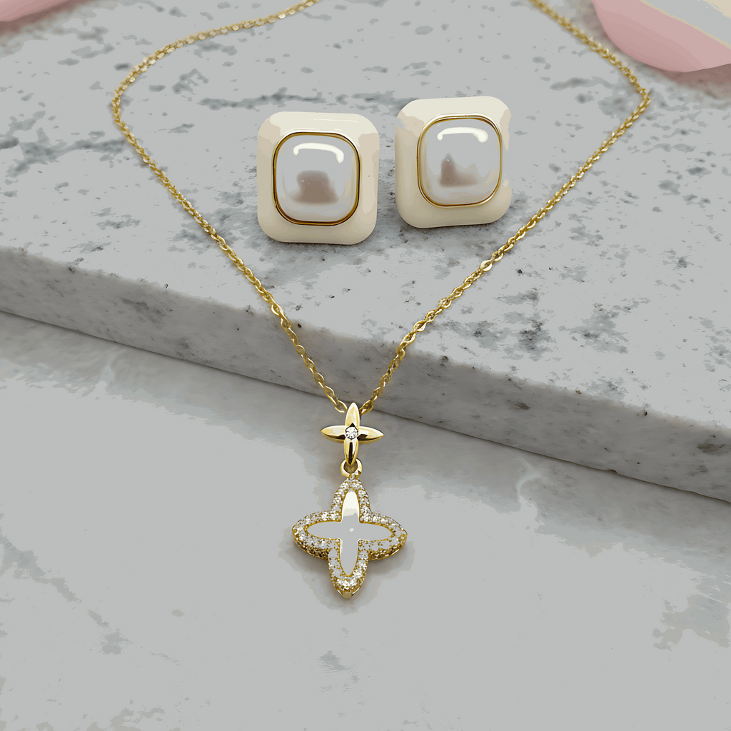 Clover Charm Necklace & Stud Earrings Combo Set