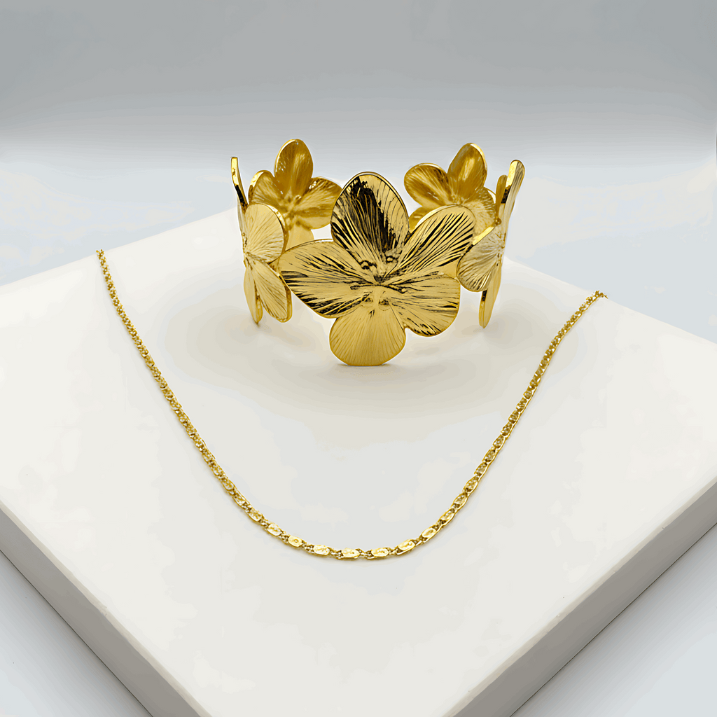 Classic Gold Chain & Floral Cuff Bracelet Combo Set