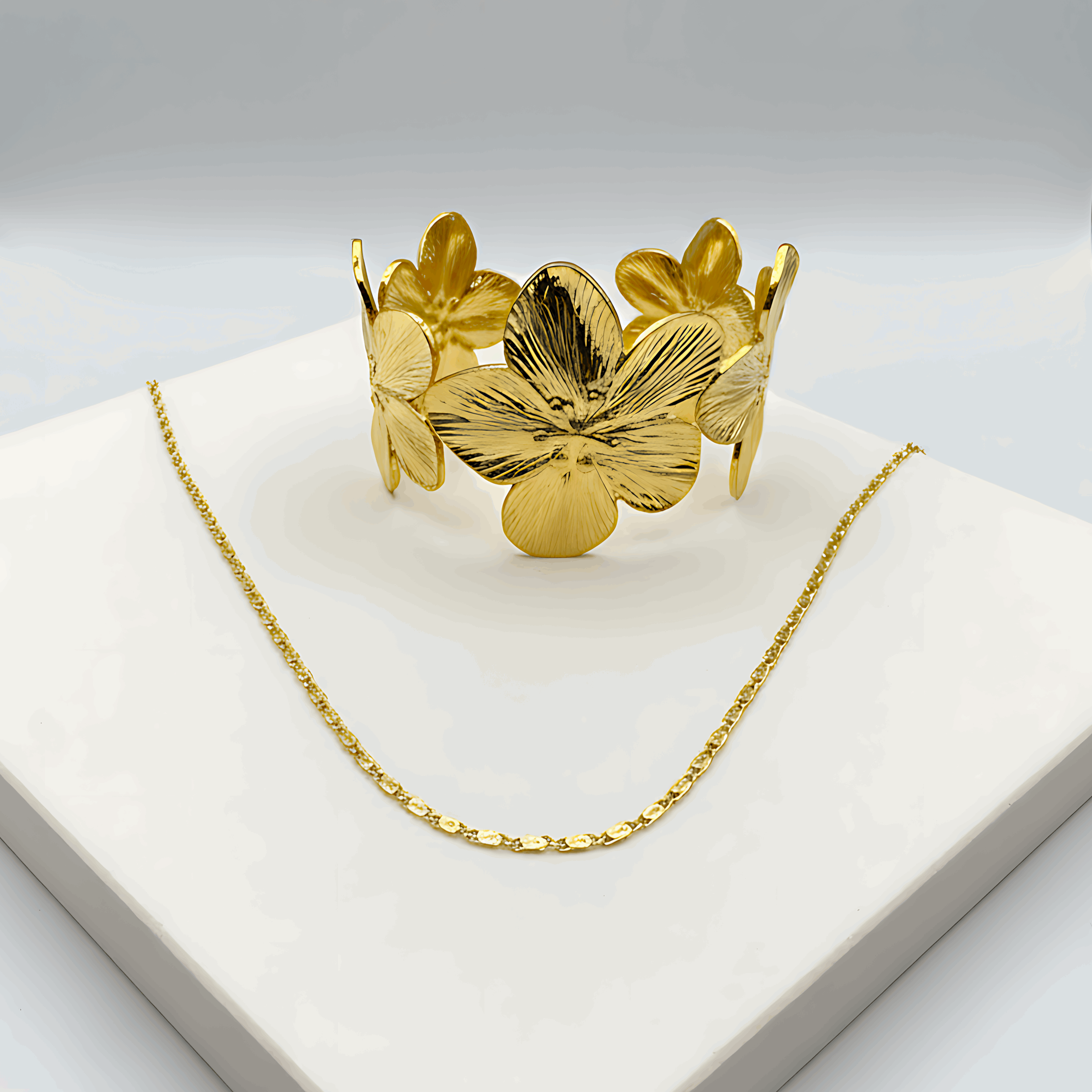 Classic Gold Chain & Floral Cuff Bracelet Combo Set