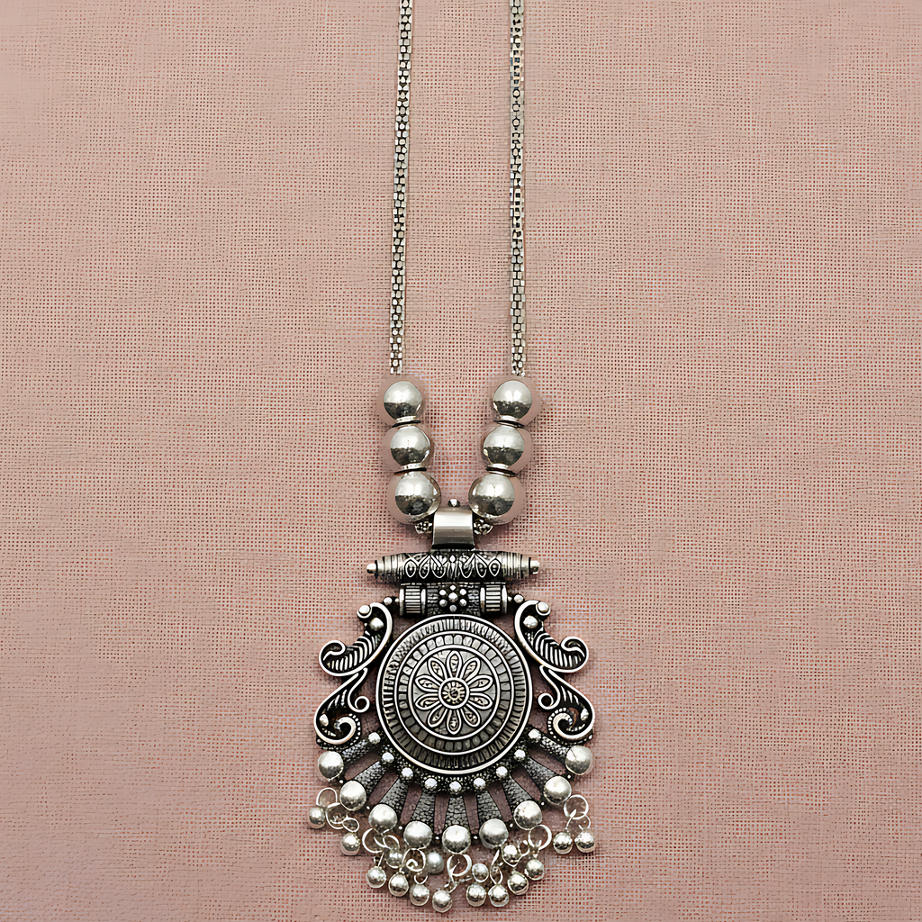 Oxidised Round Pendant Necklace Set