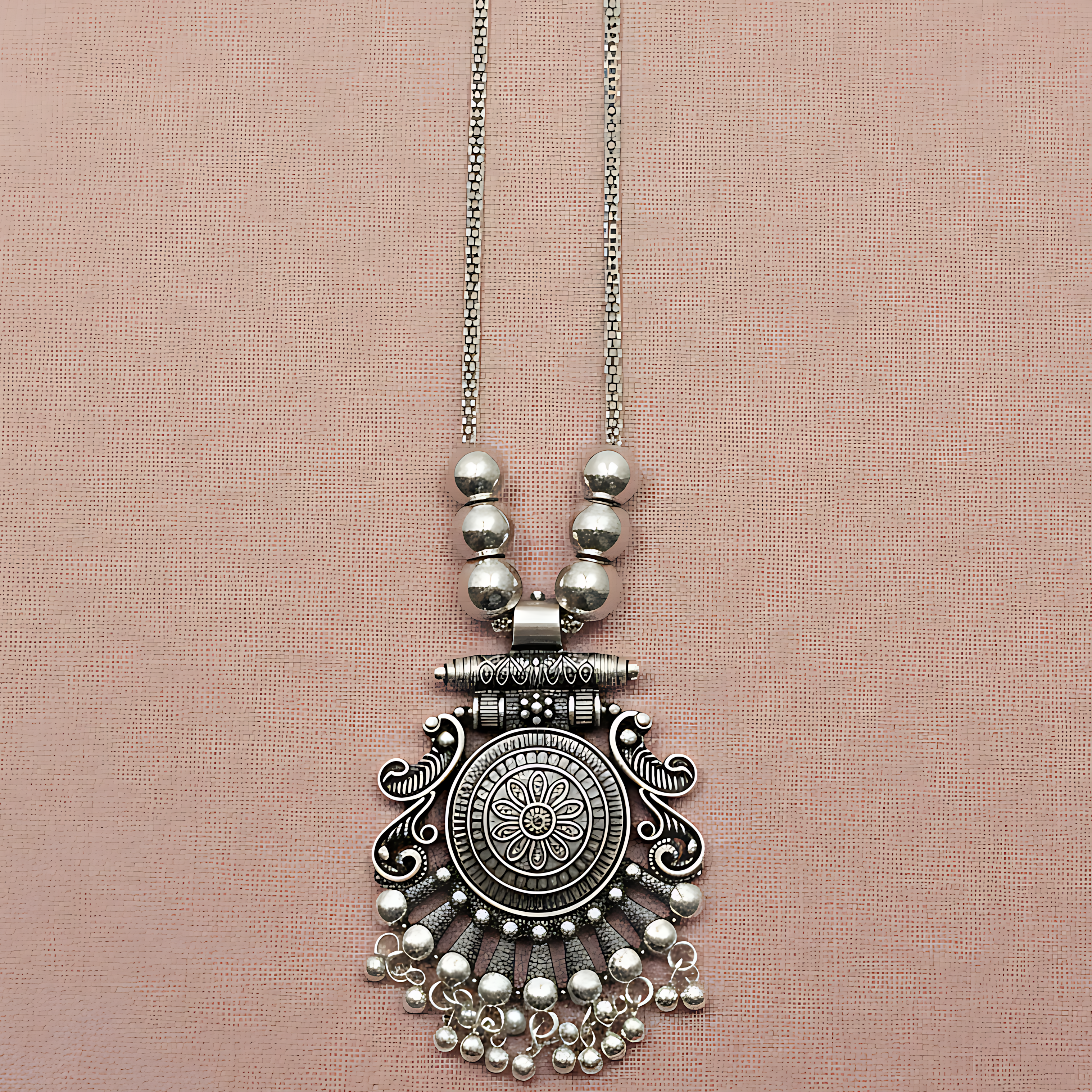 Oxidised Round Pendant Necklace Set
