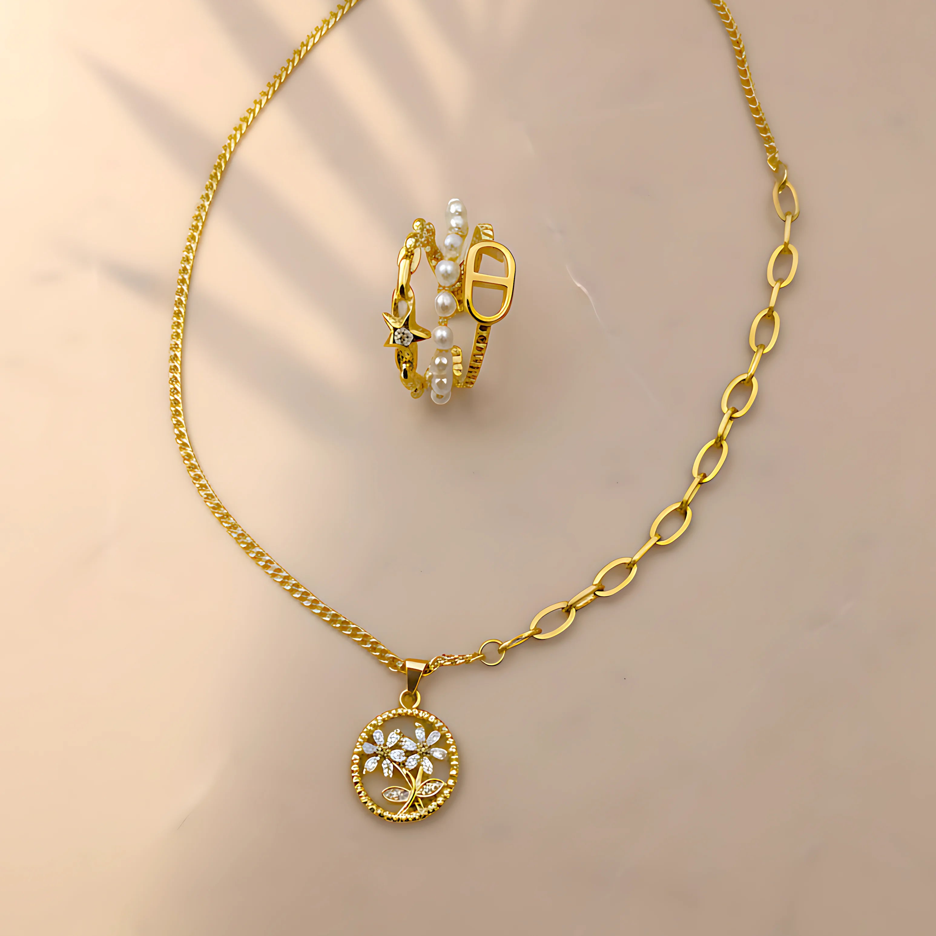 Blossom Pendant Necklace & Triple Layer Ring Combo Set