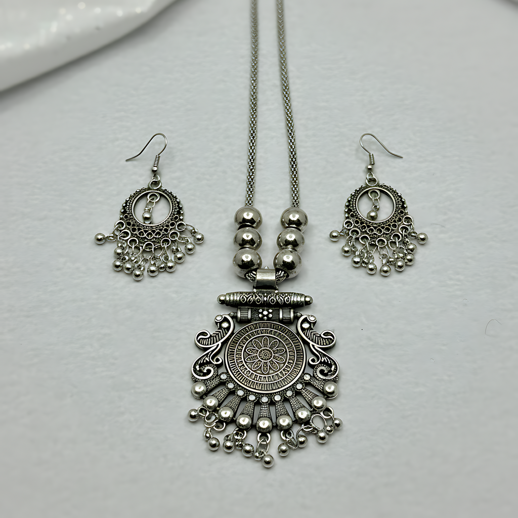 Oxidised Round Pendant Necklace Set
