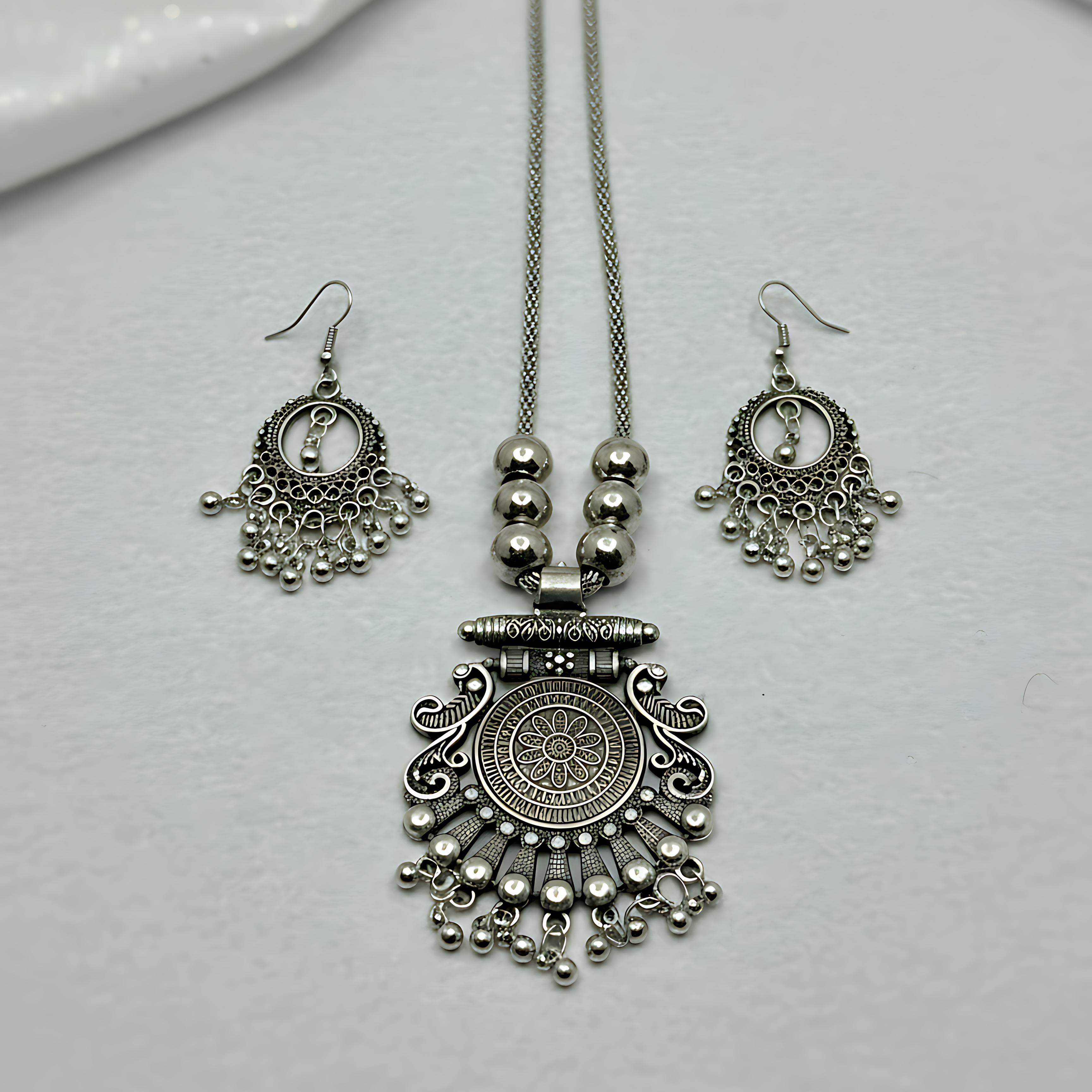 Oxidised Round Pendant Necklace Set