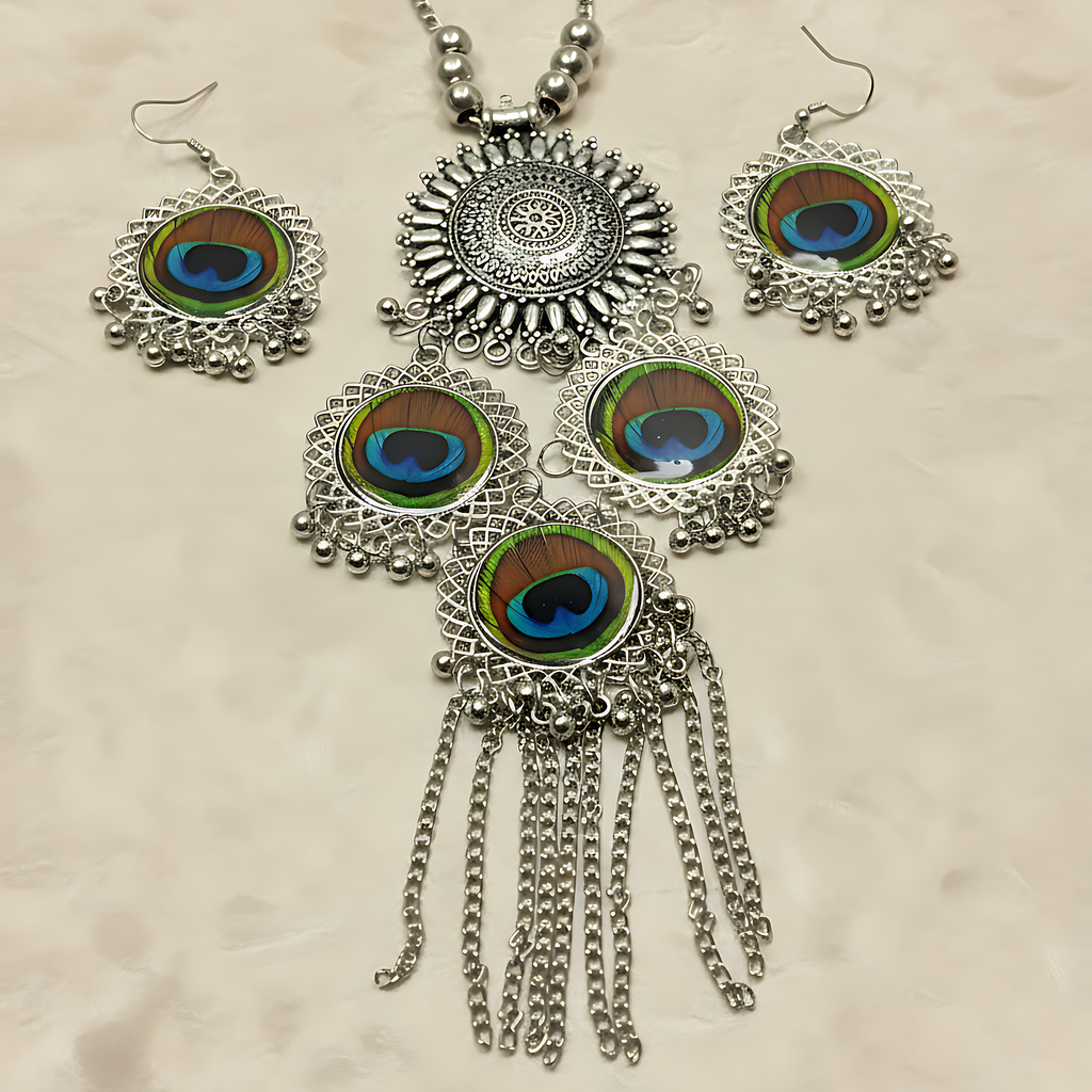Oxidised Peacock Feather Necklace Set