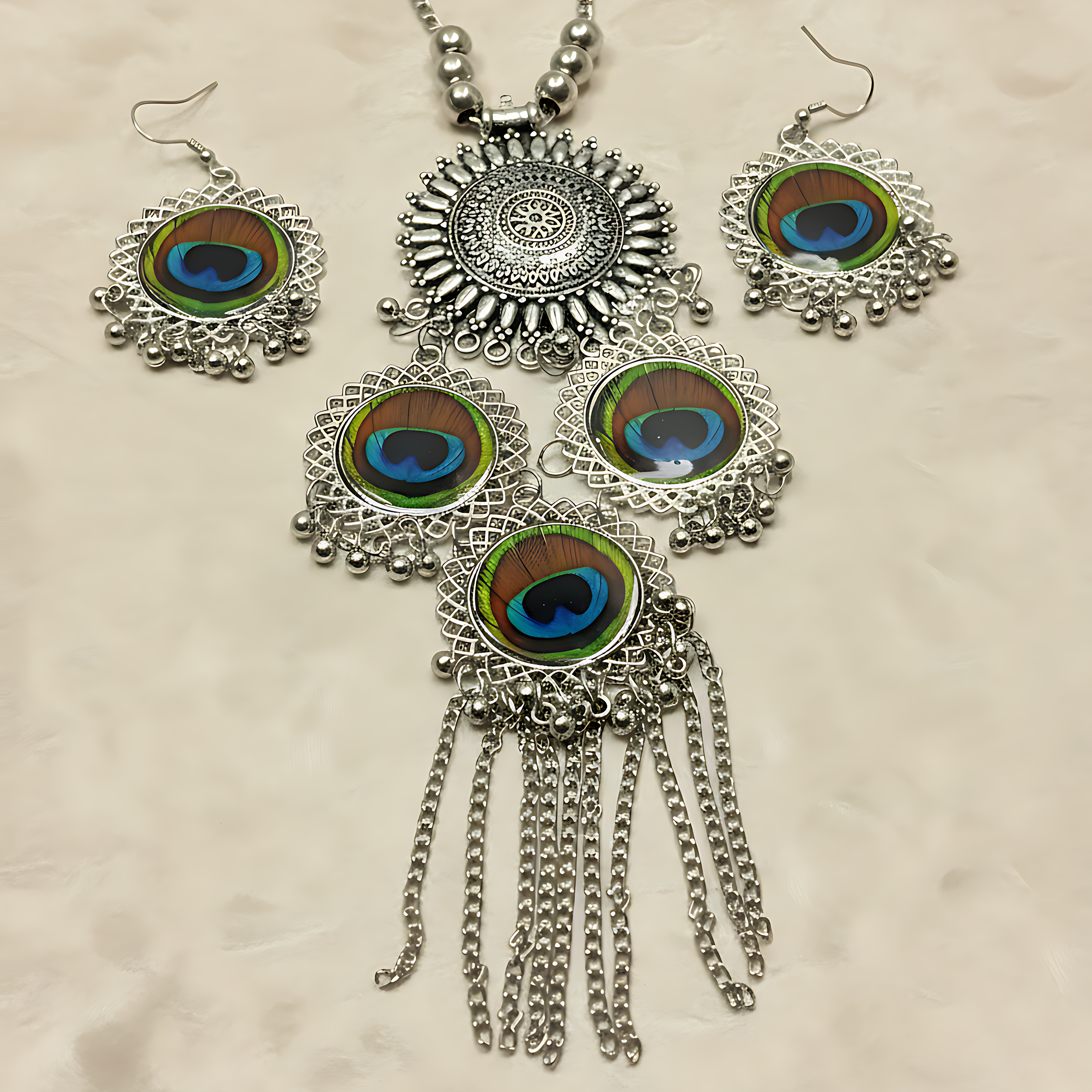Oxidised Peacock Feather Necklace Set
