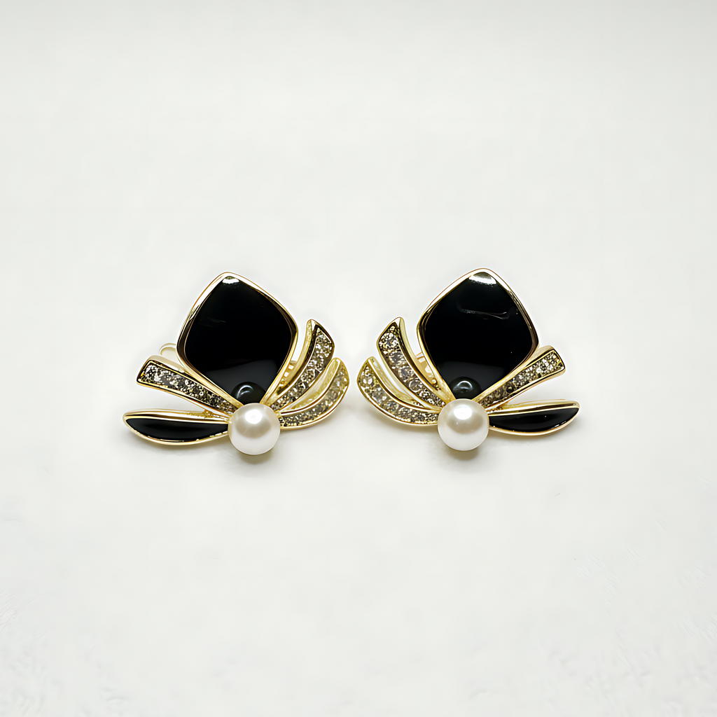 Pearl & Black Stone Earrings