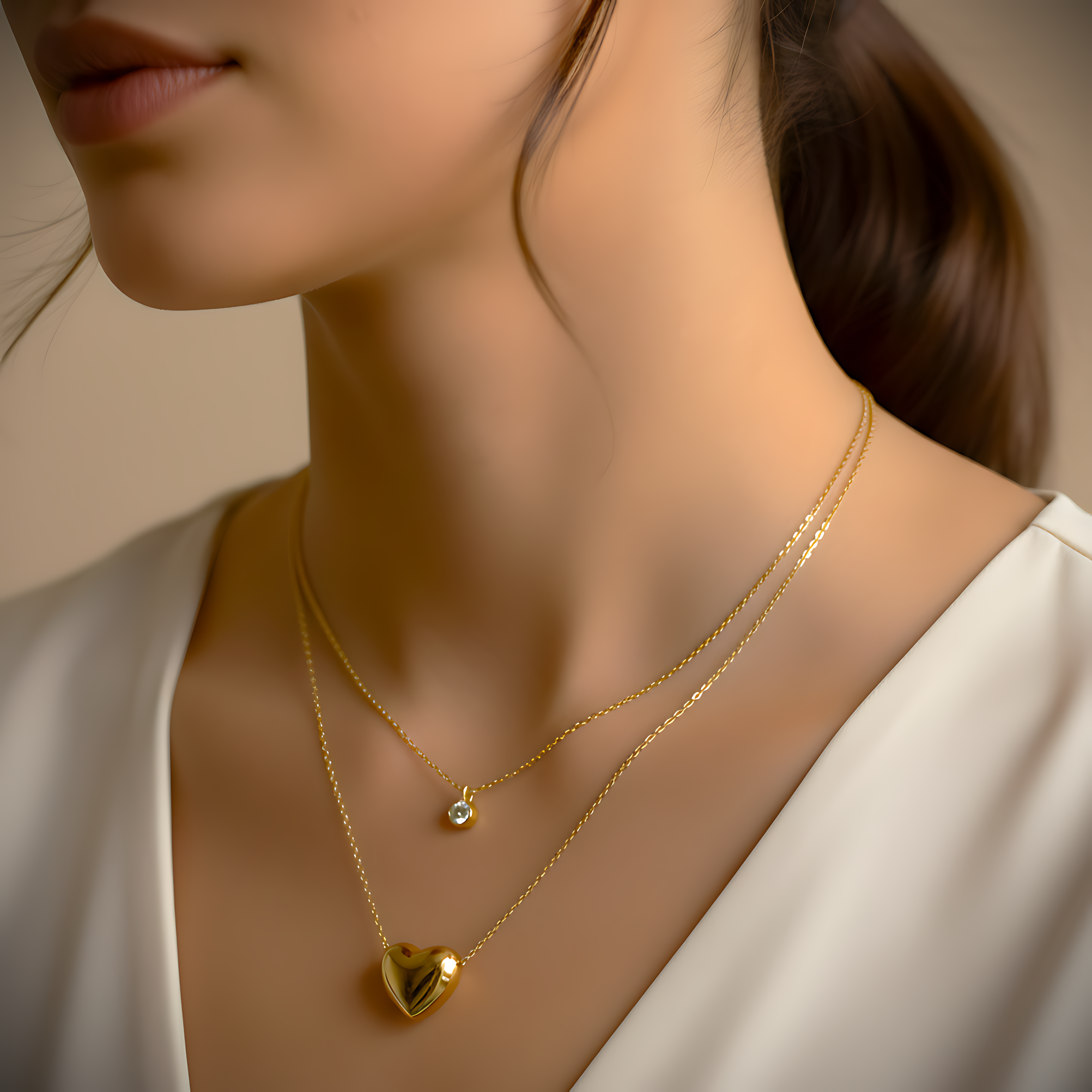 Layered Heart & Crystal Pendant Necklace