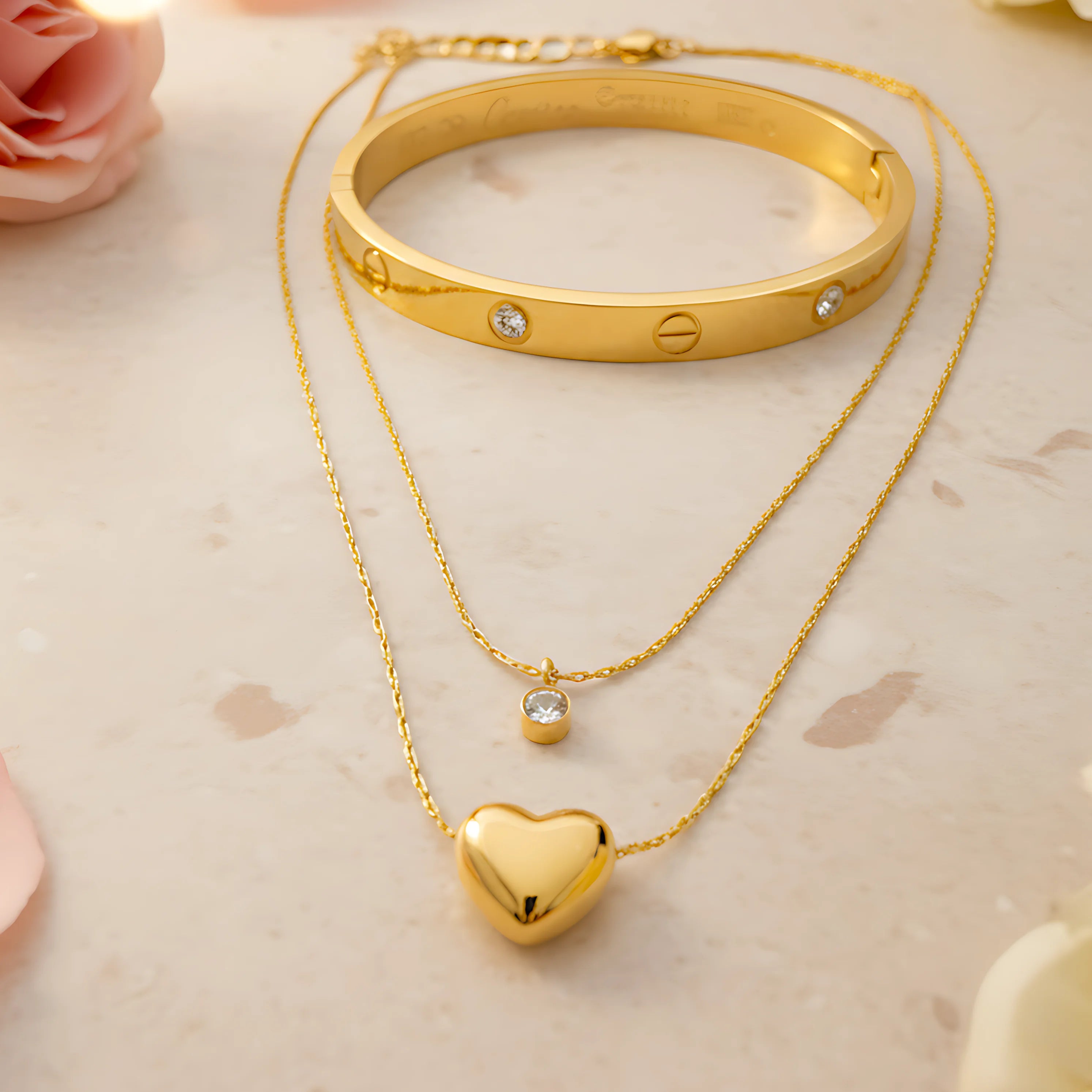 Layered Heart Necklace & Bracelet Combo Set