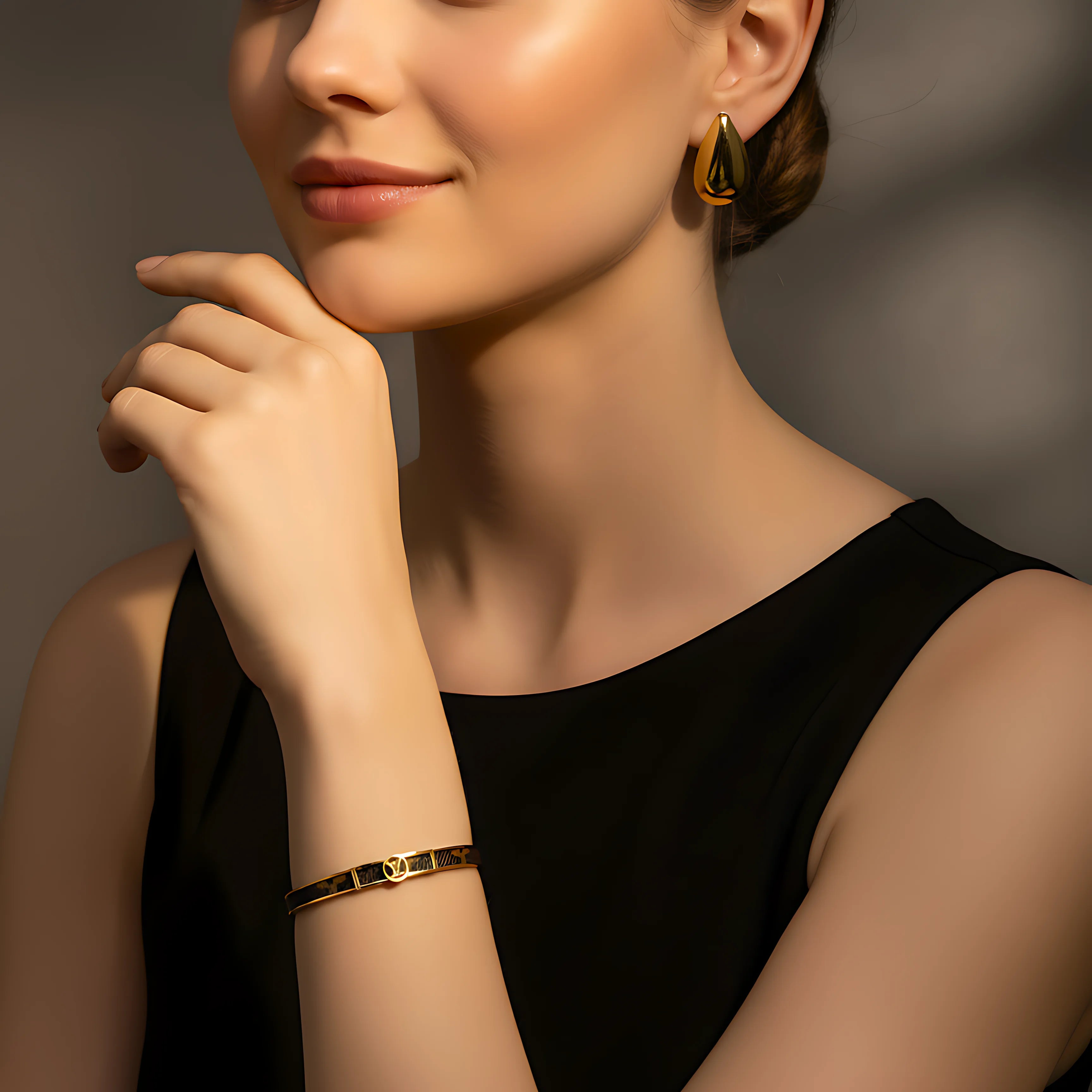 LV Style Gold Bracelet & Stud Earring Combo set
