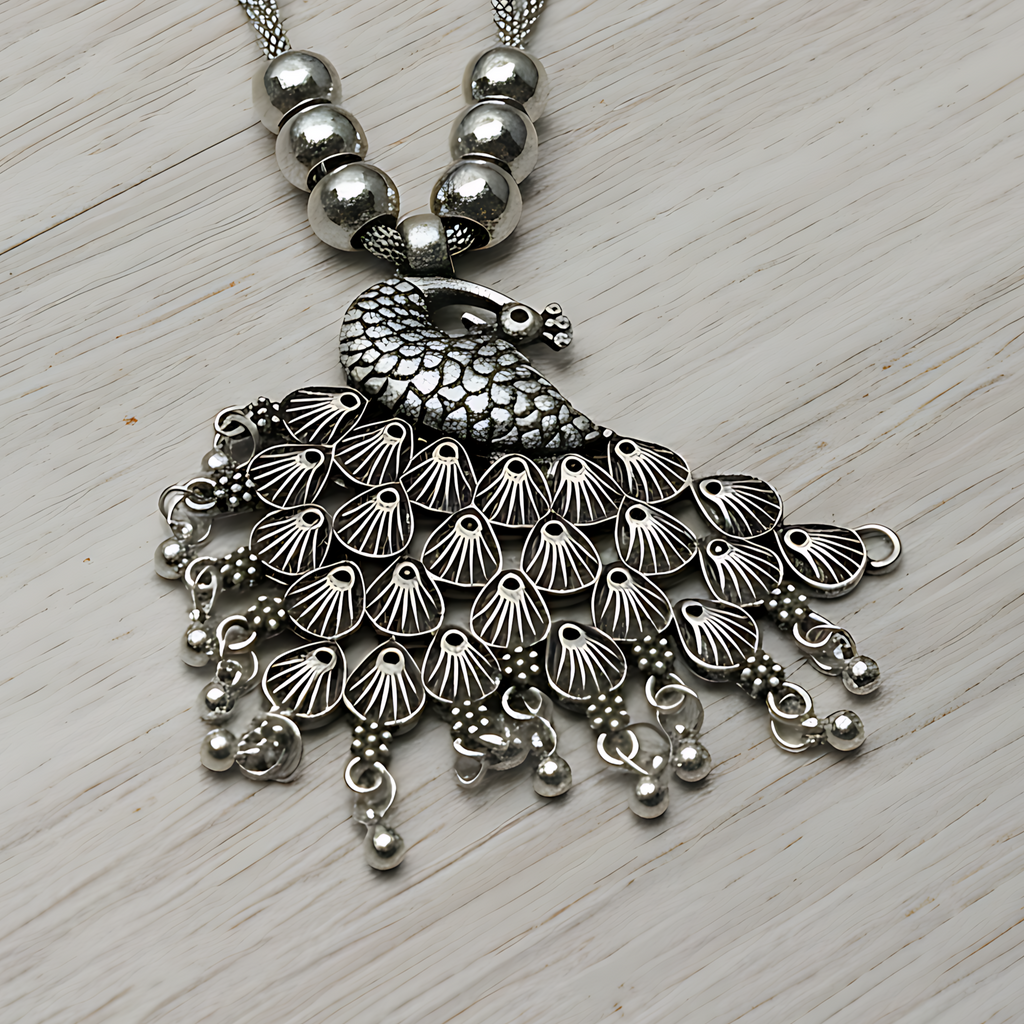 Oxidised Peacock Pendant Necklace Set