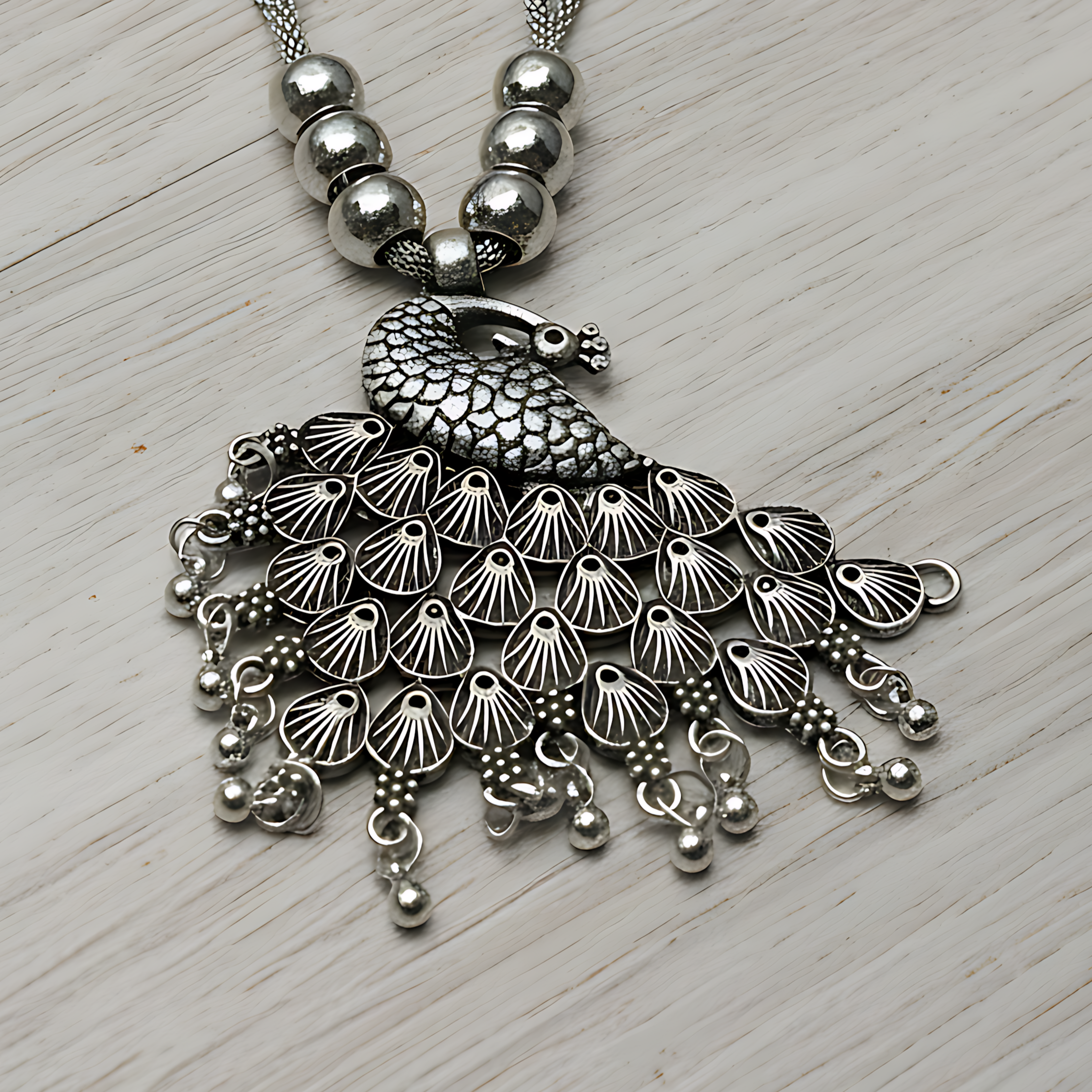 Oxidised Peacock Pendant Necklace Set