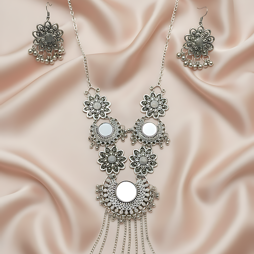 Oxidised Mirror Work Necklace Set