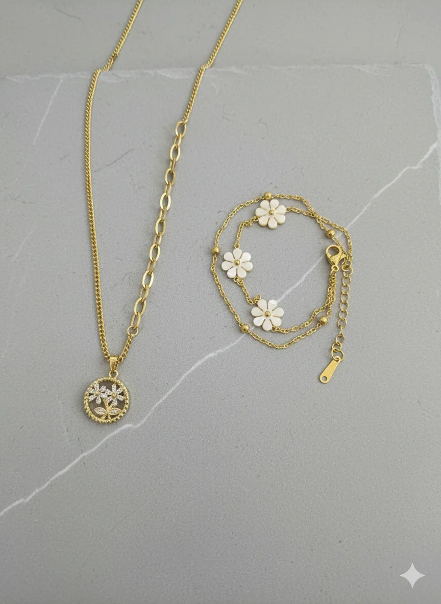 Blossom Necklace & Daisy Charm Bracelet Combo Set
