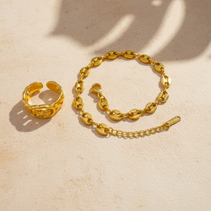 Golden Link Bracelet & Gucci Inspired Ring Combo Set