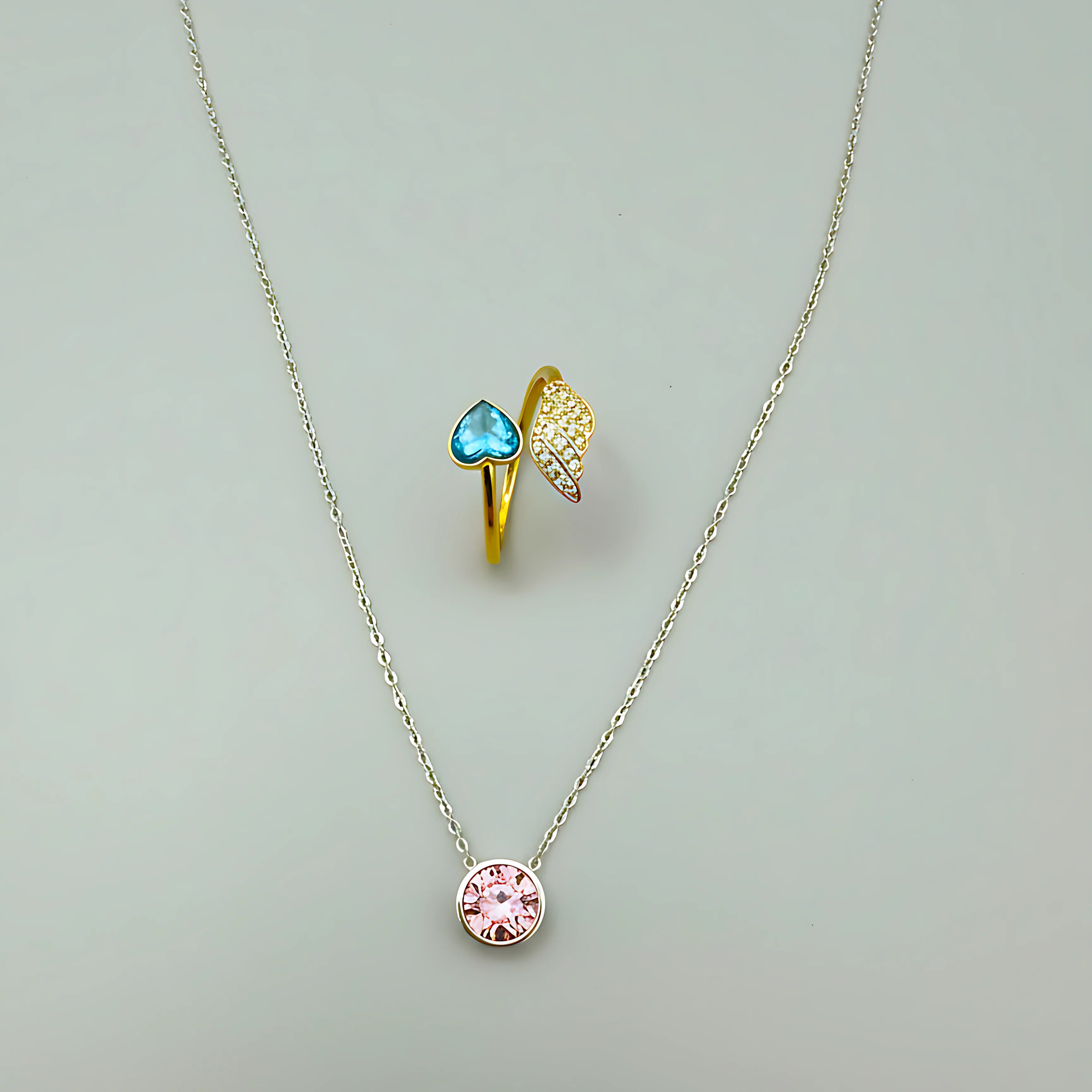 Solitaire Pendant & Blue Heart Ring Combo Set