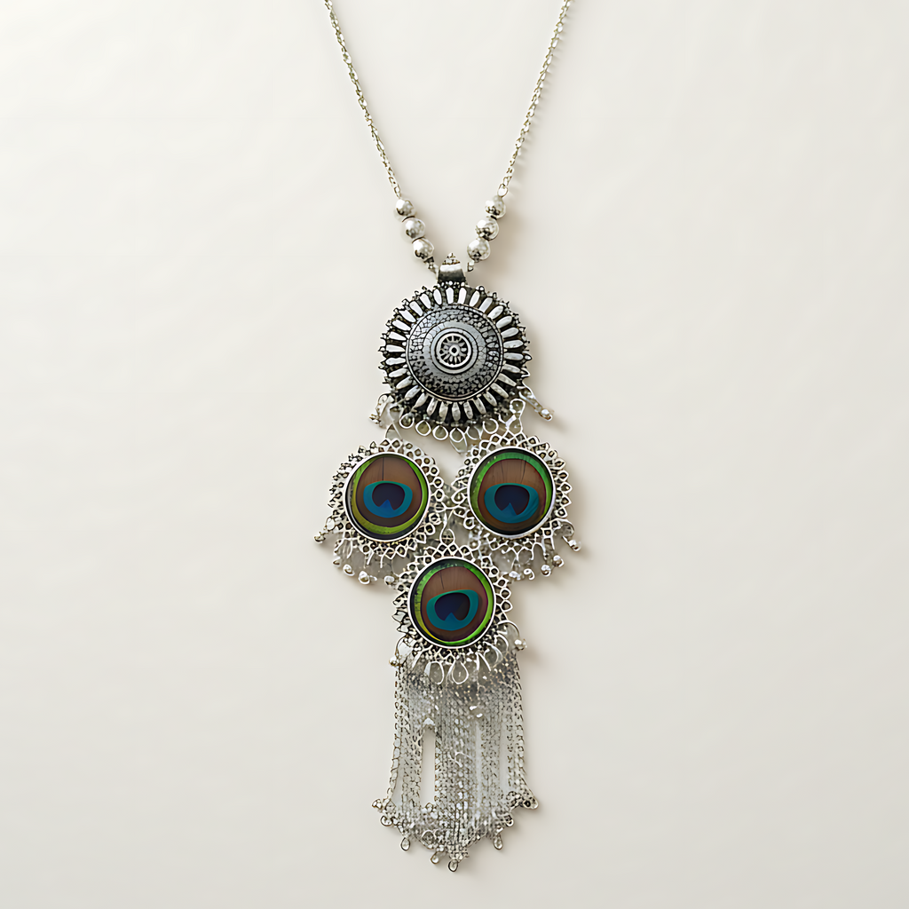 Oxidised Peacock Feather Necklace Set