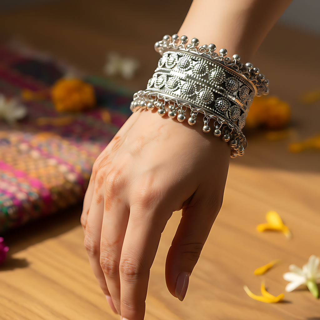 Oxidised Ghungroo Cuff Bracelet