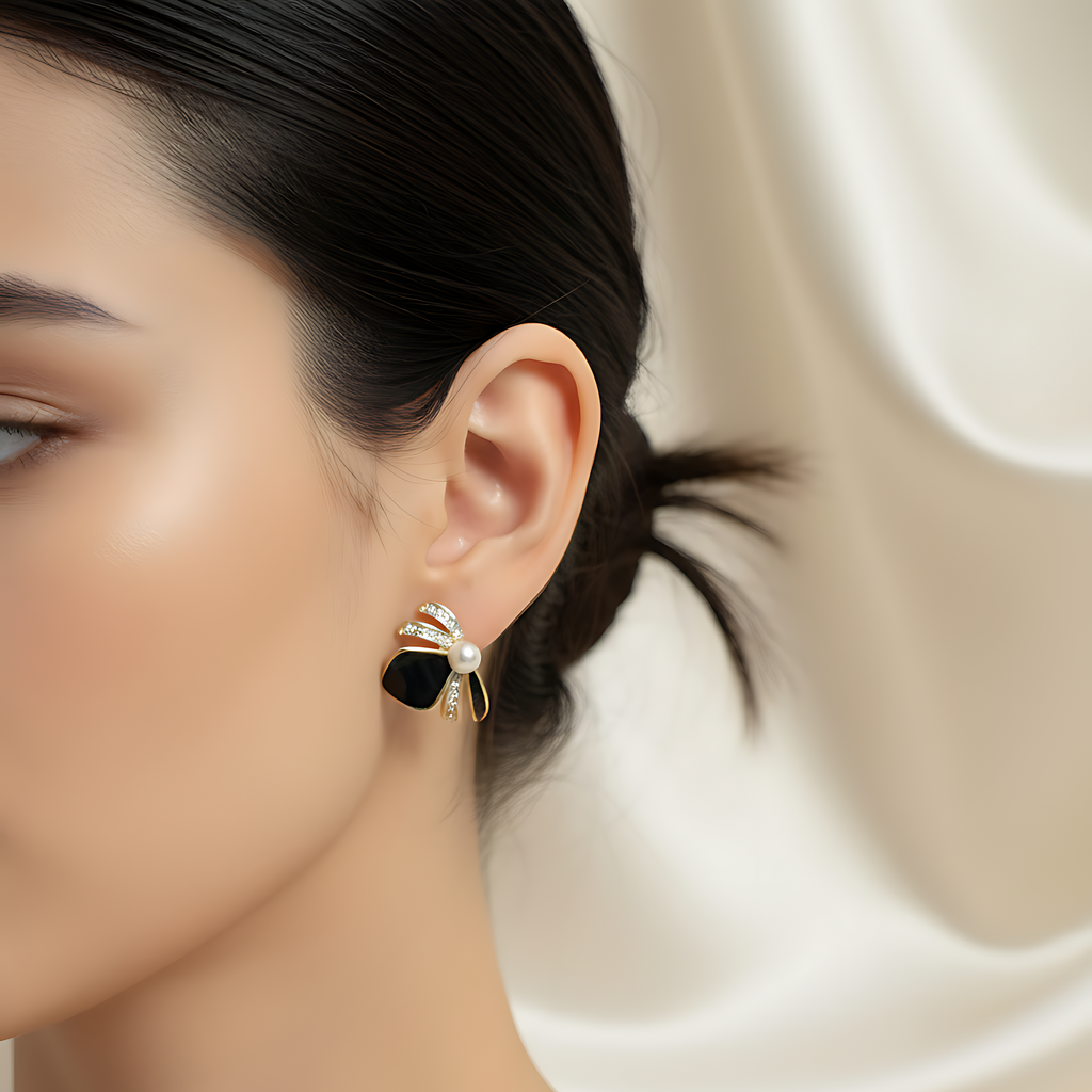 Pearl & Black Stone Earrings