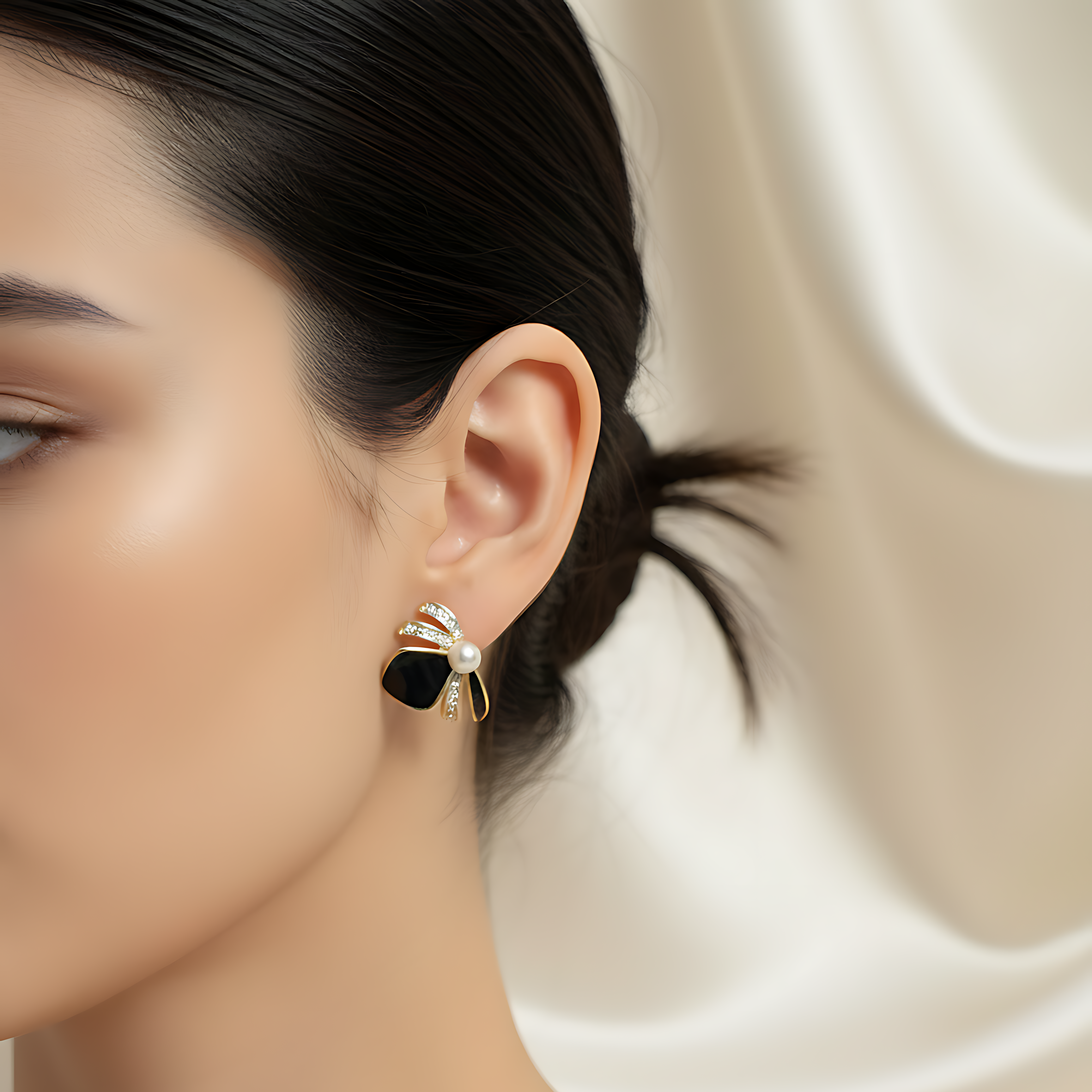 Pearl & Black Stone Earrings