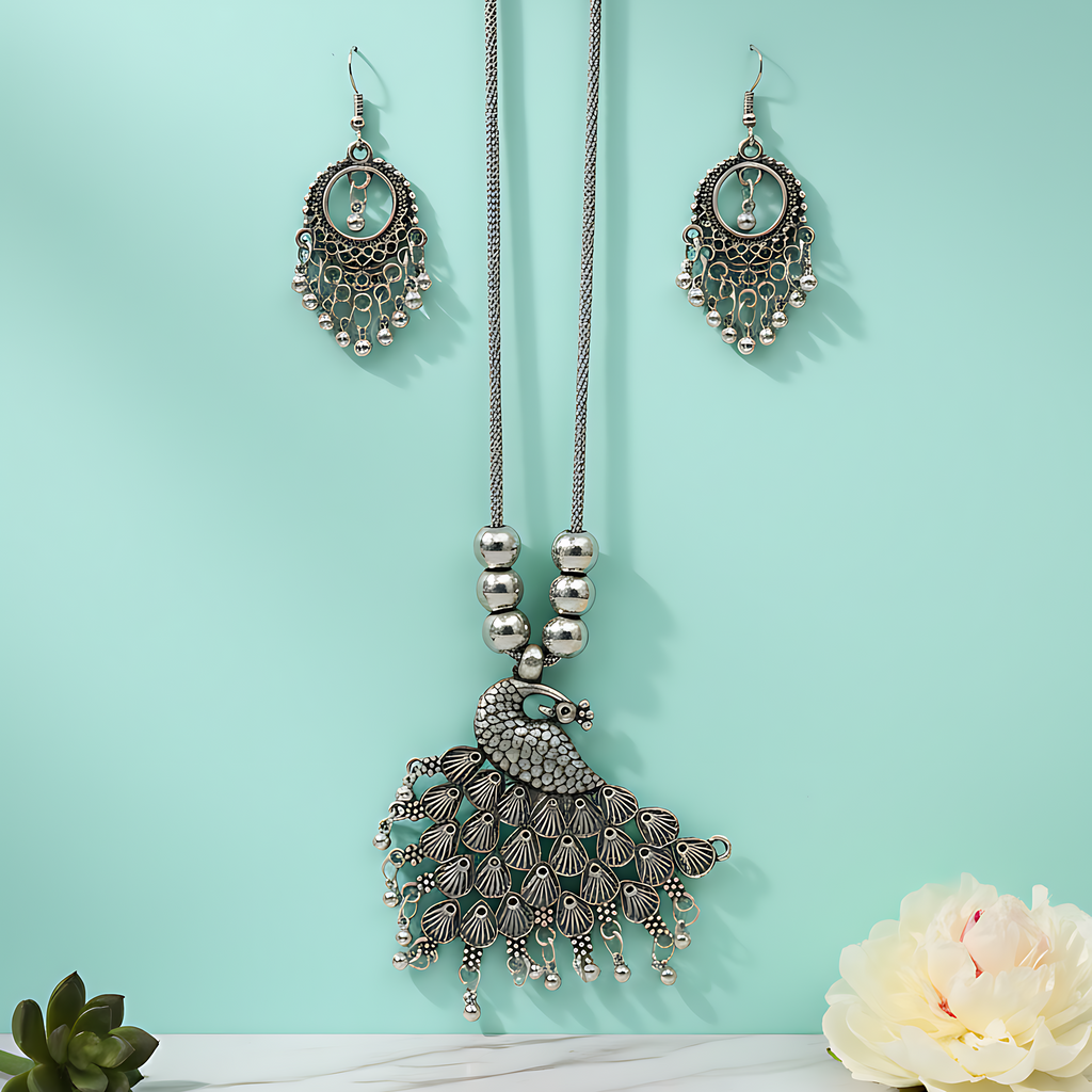Oxidised Peacock Pendant Necklace Set