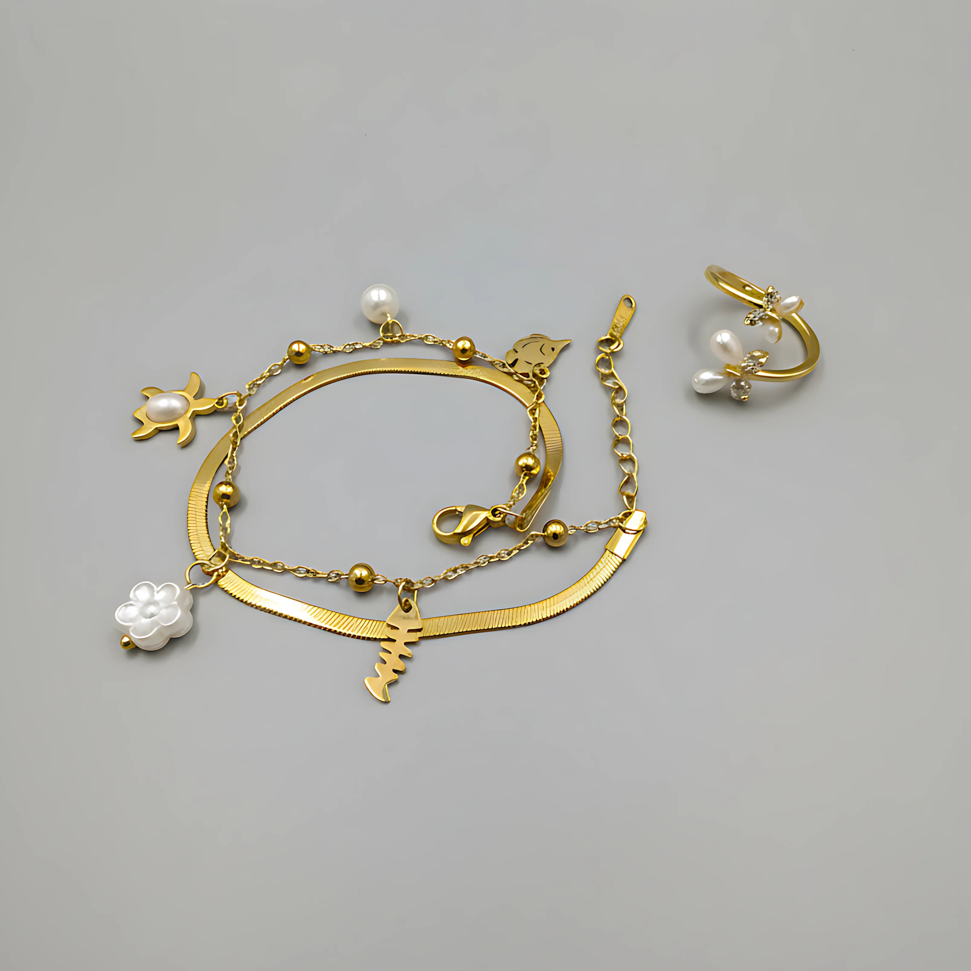 Butterfly Ring & Ocean Pearl Bracelet Combo Set