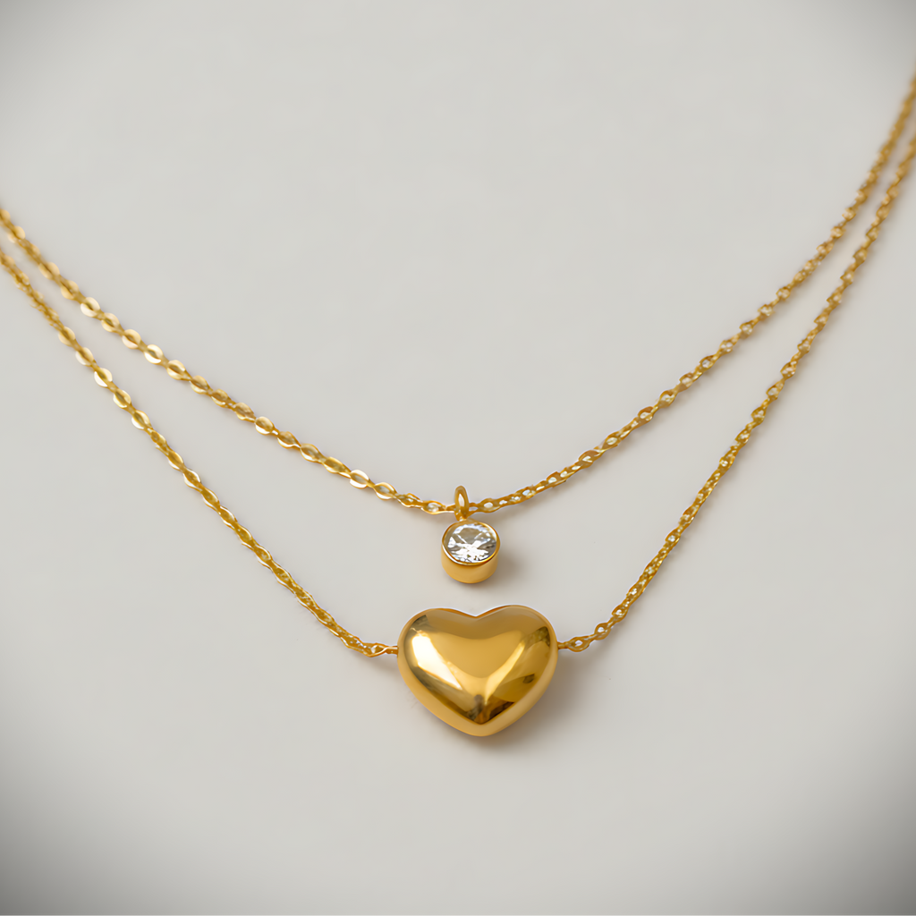 Layered Heart & Crystal Pendant Necklace