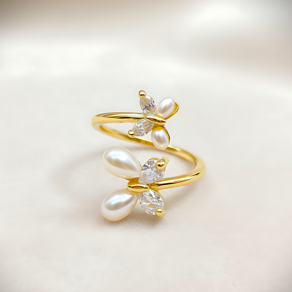 Dual Pearl & Crystal Butterfly Ring